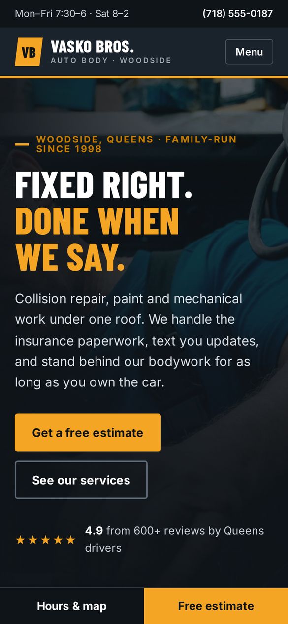 Phone view of the Vasko Bros. Auto Body sample site